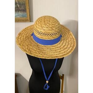 Shade Shack 100% Wide Brim Straw Sun Hat Size Medium Blue Band Chin Cord Lanyard
